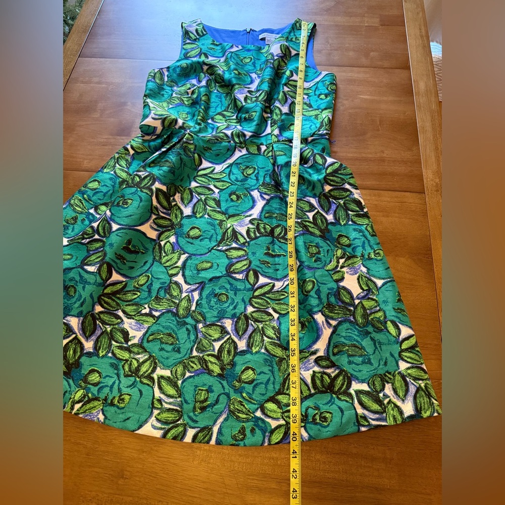 Liz Claiborne Green & Blue Floral Jacquard Fit & Flare Dress | Size 12 - Picture 3 of 12